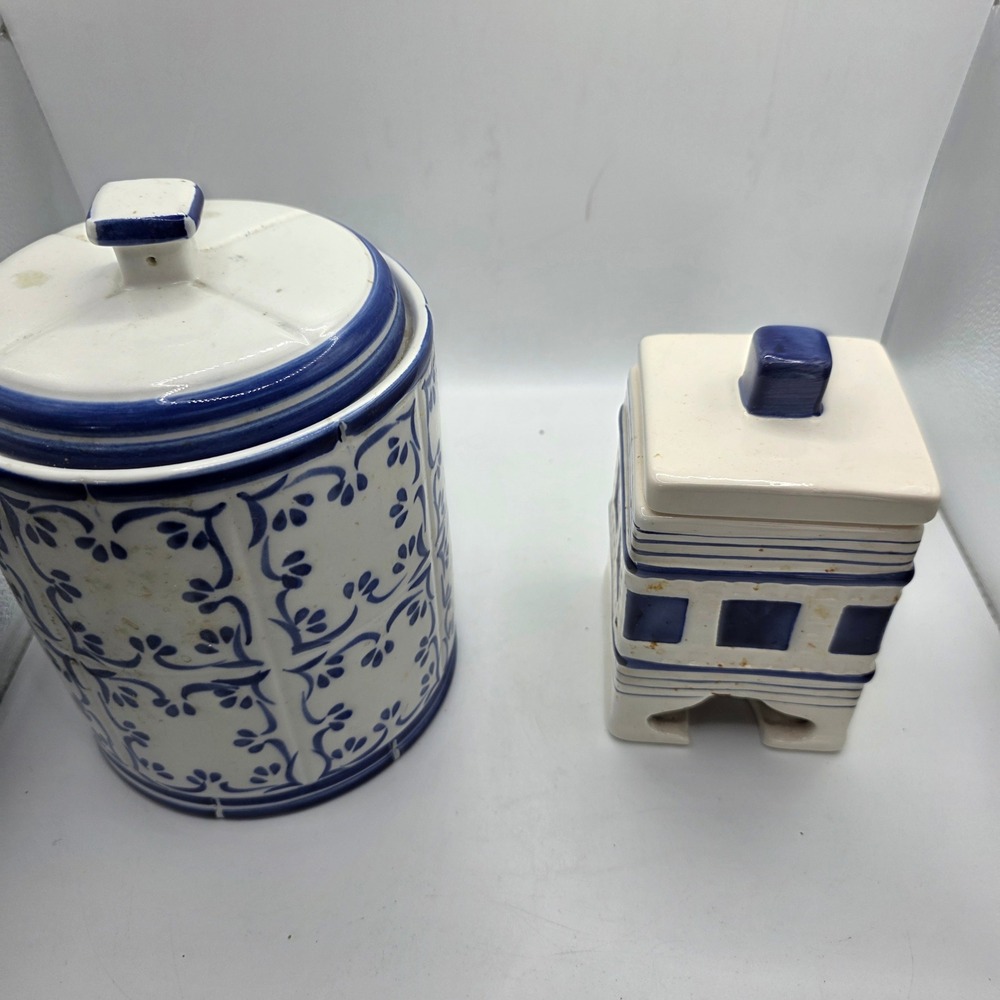 Blue and White Ceramic Canister Set Floral Geometric Vintage Storage Jars